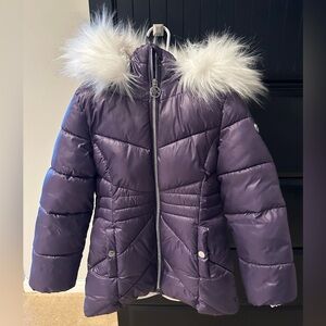 Michael Kors Girls 6x Purple Stadium Puffer Jacket with Faux Fur Hood